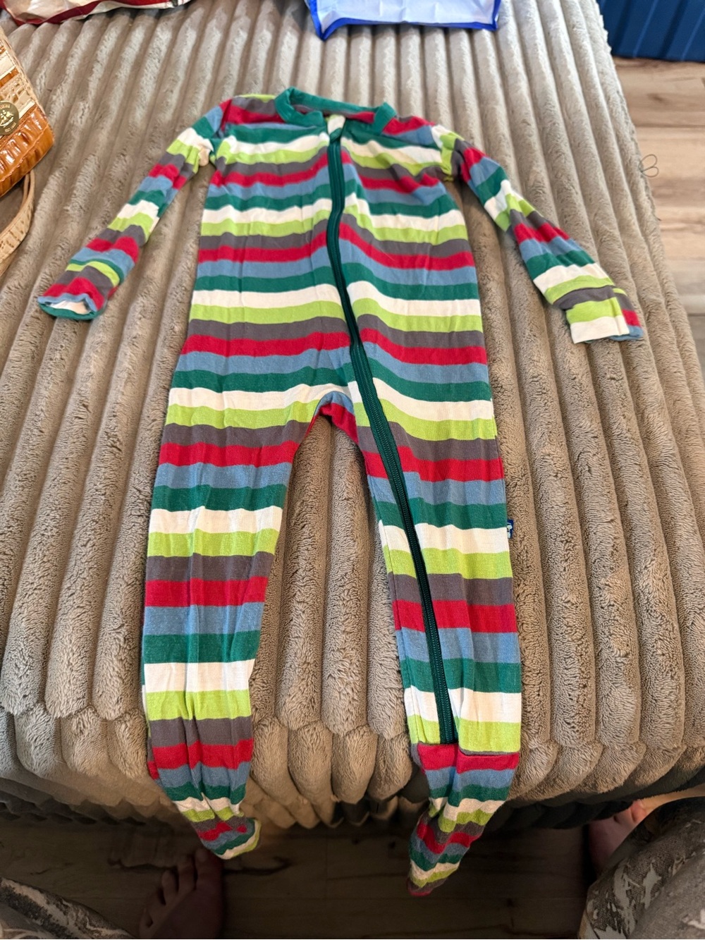 BAMBOO Striped Footie in Green, Red, Blue, Cream